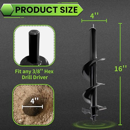 Auger Drill Bit for Planting - 4"X16" Heavy-Duty Auger Post Hole Digger for Fence - 3/8" Hex Drive Drill - size: 4"X16"