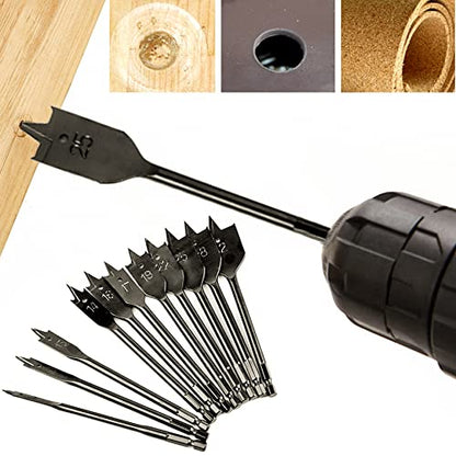 11pc SAE Spade Bits 1/4"-1-1/2" - Flat Wood Boring Set for Fast Drilling