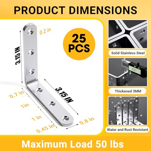 25Pcs Stainless Steel Angle Brackets 3”x 3” Heavy Duty Corner Brackets - size: Silver-3x3 Inch