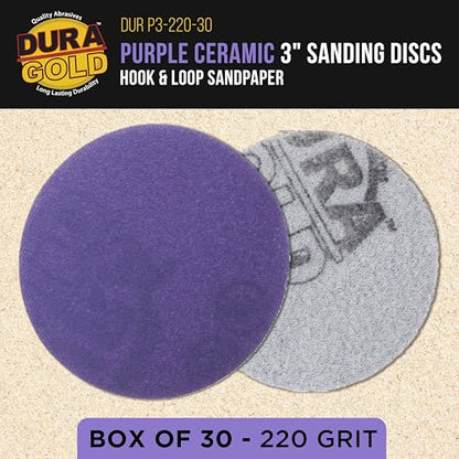 Dura-Gold Premium 220 Grit 3" Purple Film Ceramic Sanding Discs, Box of 30 - style: 220 Grit