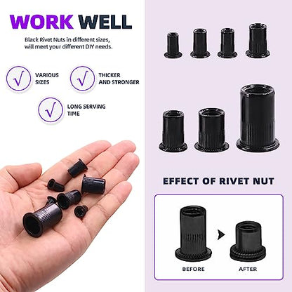 Swpeet 100Pcs Carbon Steel Rivet Nuts Kit, SAE UNC 1/4-20 Rivet Nuts, Black Zinc Plated Carbon Steel Rivet Nut Inserts Nutserts Kit, Flat Head Threaded Insert Nut Assort - size: 1/4"-20