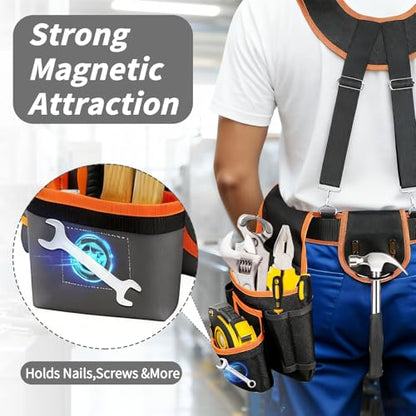 Tool Belts for Men with Magnetic Function,32''-60'' Adjustable,Detachable Tool Pouch Bag,With Suspenders & Multiple Pockets,for Electrician, Carpenter, Framer, Construction Worker