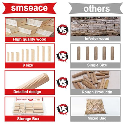 smseace Wooden Dowel Pins with Tapered End with Bevel Angle Groove Wood Pegs - 9 Sizes 6/25inch 5/16inch 3/8inch(6mm, 8mm, 10mm) Used for Crafts, Furniture, Door, DIY - size: 200Pcs - 9 Sizes