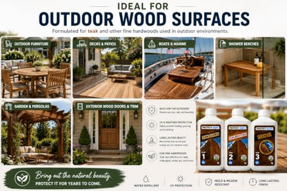 ProtectAqua Teak Care Kit, 3-Step Wood Restoration System (3 x 33.8 fl oz) with Cleaner, Brightener & Teak Oil for Outdoor Furniture, Boats, Decks & Shower Benches