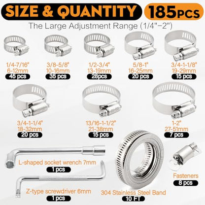 185PCS Stainless Steel Hose Clamp Assortment Kit + 10FT Metal Strap, 1/4"-2"(6-51mm) 304 Worm Gear Heavy Duty Clamps, Radiator Clamps for Automotive Fuel Line Plumbing, with 2 Tools & 8 Fasteners - size: 185 PCS +10FT Metal Strap + 8 Fasteners