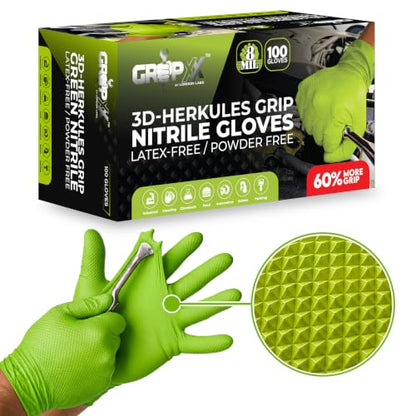 GRIPXX Herkules Grip Heavy Duty 8Mil Nitrile Gloves,3D Raised Diamond Texture-Latex & Powder Free-Industrial, Mechanic - color: Green, size: Small