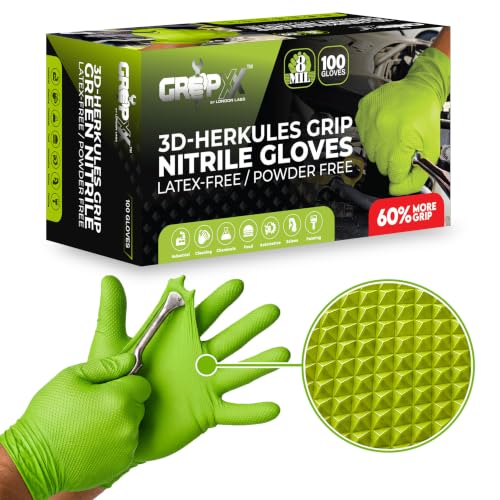GRIPXX Herkules Grip Heavy Duty 8Mil Nitrile Gloves,3D Raised Diamond Texture-Latex & Powder Free-Industrial, Mechanic - color: Green, size: Large