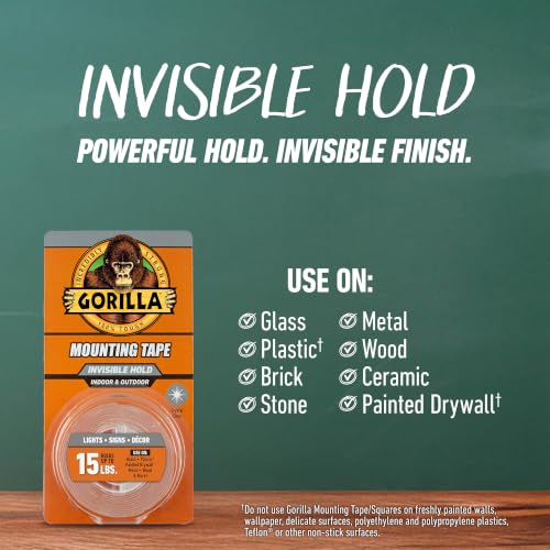 GORILLA Invisible Hold Mounting Tape, Clear, 1" x 150", 1-Pack - size: 150" inches