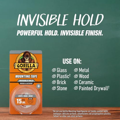 GORILLA Invisible Hold Mounting Tape, Clear, 1" x 150", 1-Pack - size: 150" inches