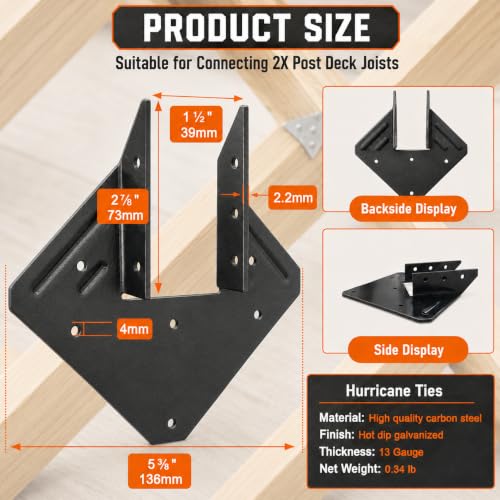 22 Pcs Black Hurricane Tie, 13 Gauge(Thickness 2.2mm) Joist Hangers, Fit 2x4,2x6 Truss to Rafter Connector for Roof Truss Timber, Hurricane Truss Hangers, Rafter Brackets,Hurricane Clips