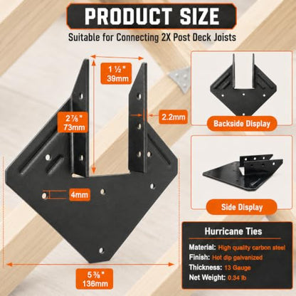 22 Pcs Black Hurricane Tie, 13 Gauge(Thickness 2.2mm) Joist Hangers, Fit 2x4,2x6 Truss to Rafter Connector for Roof Truss Timber, Hurricane Truss Hangers, Rafter Brackets,Hurricane Clips