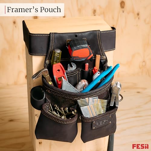 FESA 3 Inch Leather Tool Belt for Men with Hammer Holder Adjustable 34"-44" - color: Brown