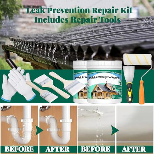 2Kg/70.5Fl.oz Invisible Waterproof Agent Indoor&Outdoor Waterproof Coating Set Transparent Liquid Sealant with Wooden Brush Resistant Work Gloves Putty Knife Cut Paint Roller - style: 2Kg/70.5Fl.oz