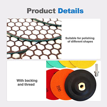 Dry Diamond Polishing Pads - 8pcs 5 inch (#50x3,#100x2,#200x1,#400x1,#800x1) Sanding Pads Kit for Granite Marble Ceramic Used on Angle Grinder or Polisher, with Rubber Backing Pads+ Adapter 5/8”-11 - size: 5inch / 125MM, style: KIT2