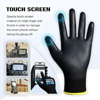 KAYGO Safety Work Gloves, PU Coated, 2-Finger Touchscreen, KG11P - color: Black (Touch Screen), size: Large