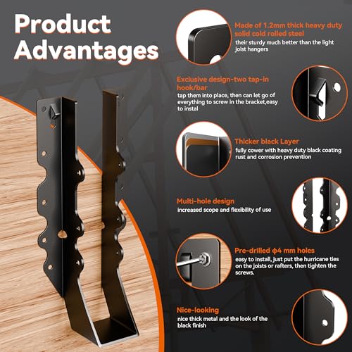 50 Pcs Black Joist Hangers 2X10, 18 Gauge Rafter Brackets , Hurricane Straps for 2x10 Face Mount Joist Hangers for Shed/Barn/Coop/Porch/Truss, Structurally Sound and Aesthetically Pleasing - size: 50 Pcs 2x10, style: Black Joist Hanger