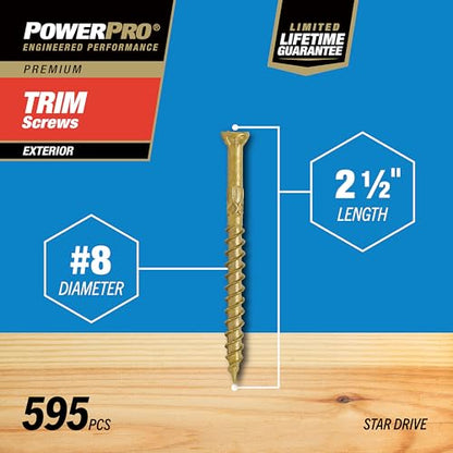 Power Pro Premium Exterior Wood Screws, #8 x 2-1/2in, 595 Pack, Bronze