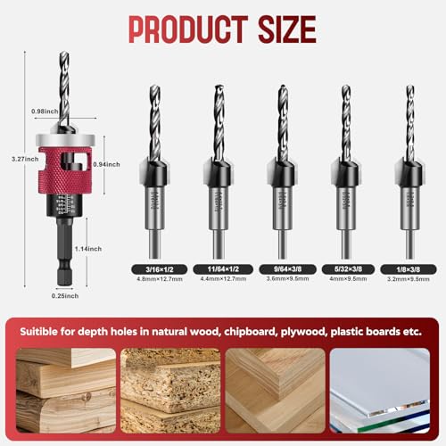 7Pcs Countersink Drill Bit Set, M2 HSS Spiral Flute Wood Drill Bits