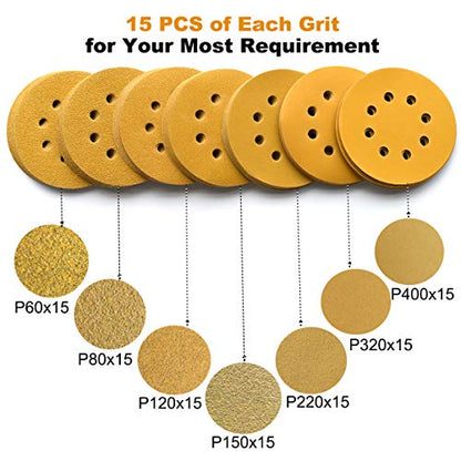 5-Inch 8-Hole Hook & Loop Sanding Discs 60-400 Mixed Grits, 105-Pack