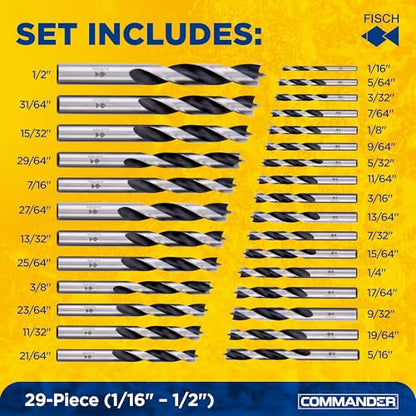 Brad Point Spiral Drill Bit Set, Sizes 1/16″–1/2″, 29 Pcs - size: 1/8 in to 1/2 in