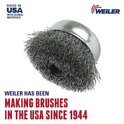 Weiler 13245 3" Crimped Wire Cup Brush, .014" Steel Fill, 5/8"-11 UNC Nut, Made in the USA - size: 3" Dia, style: .014" Wire Size x 1" Trim Length