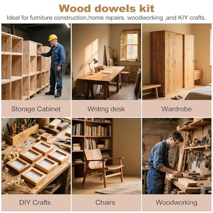 150 pcs 3/8" x 2-3/8 Inch Wooden Dowel Pins, Hardwood, Kiln-Dried Fluted & Beveled Design for Easy Insertion for Woodworking, Furniture, Crafts & DIY Projects - size: 10x60mm