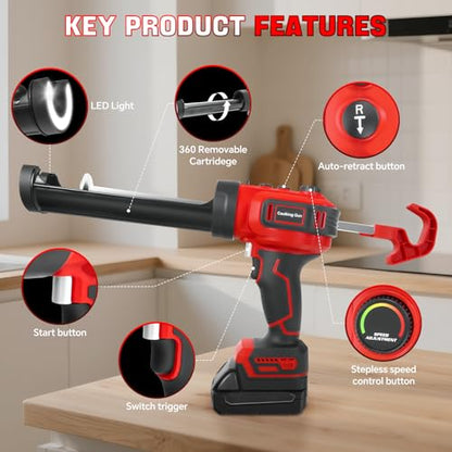 Cordless Caulking Gun for Milwaukee 18V Max Battery,10 Oz Electric Caulking Gun with Anti-Drip,Auto Retract,Continuously variable speed and LED Light, Caulk Gun Tool for Filling, Sealing（No Battery)