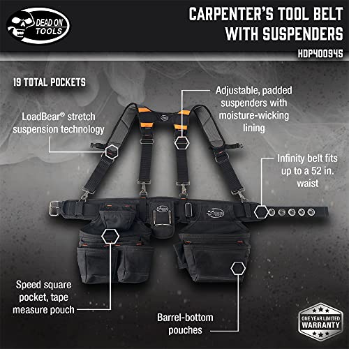 Dead On Tools - 1680 Denier Poly Carpenter’s Tool Belt with Suspenders (HDP400945) , Black