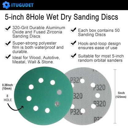 5 Inch 8 Hole P320 Grit Zirconia Wet Dry Sanding Discs - 50 Pack - size: 320 Grit