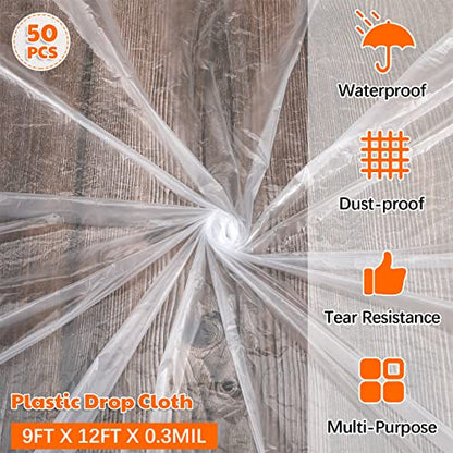 50 Pieces Plastic Drop Cloths for Painting 9 x 12 ft Paint Drop Cloth Waterproof and Dust Proof Clear Plastic Sheeting for Furniture Cover Multi Purpose Floor Wall Protection Film