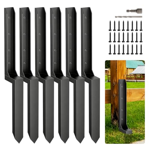 6 Pcs Fence Post Repair Kit,4×4/6x6 Fence Post Support,Heavy Duty Post Anchor Ground Spike with One-Piece Steel Anchor & Stakes for Repair Tilted, Broken Wood Fence Post