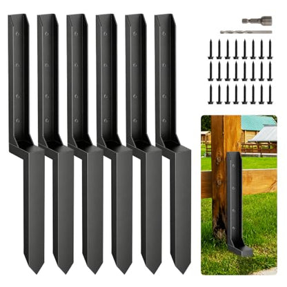 6 Pcs Fence Post Repair Kit,4×4/6x6 Fence Post Support,Heavy Duty Post Anchor Ground Spike with One-Piece Steel Anchor & Stakes for Repair Tilted, Broken Wood Fence Post