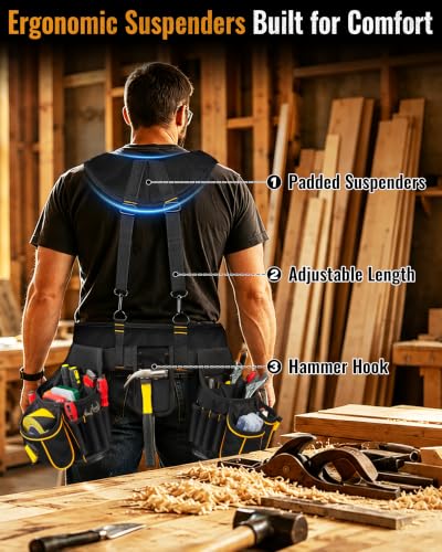 Marscamd Tool Belt with Suspenders & Pouches, Heavy Duty Work Belt, Black - color: Black