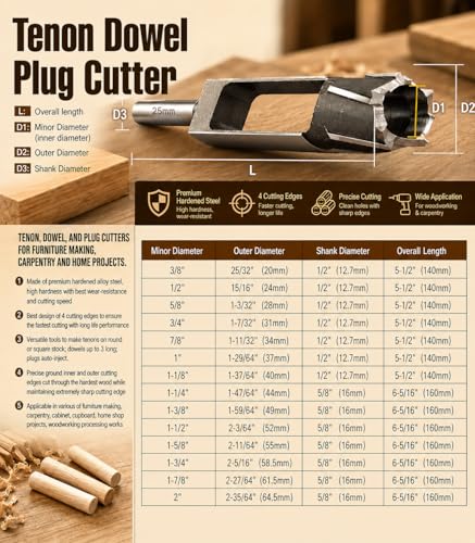 Wood Tenon Dowel Plug Cutter 1-1/2 Inch Tenon Cutter Plug Maker Woodworking Drill Bit - size: 1-1/2"