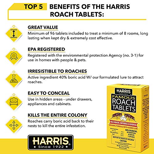 Harris Roach Tablets, Boric Acid Roach Killer with Lure for Insects (4oz, 96 Tablets) - size: 4 oz