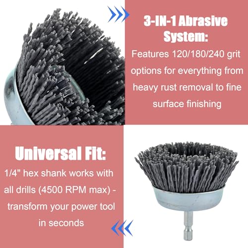 MAXMAN Nylon Drill Brush Set, Abrasive Wheel &Cup Brush, Rust/Paint Remover