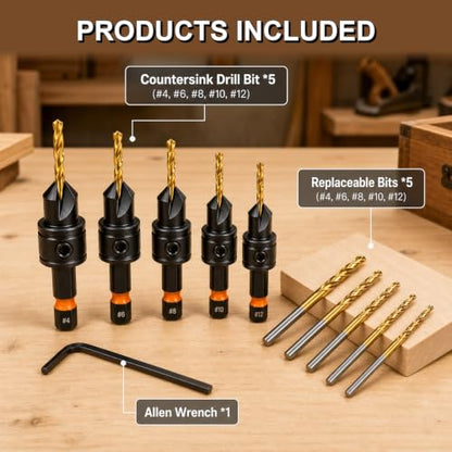 11Pcs Countersink Drill Bit Set, Adjustable Titanium HSS Wood Bits