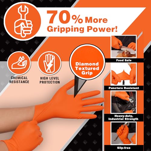 Industrial Nitrile Gloves – Heavy Duty Latex & Powder Free Disposable Gloves with Diamond Texture - color: Orange, size: Small (Pack of 300)