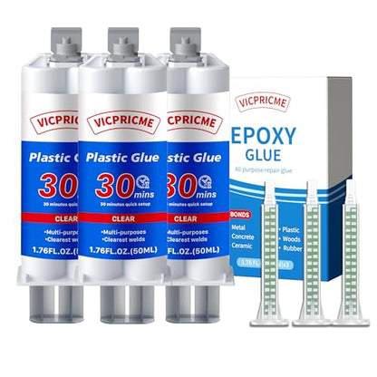 Vicpricme Plastic Glue Epoxy Glue for Plastic All Purpose Clear 3Pcs - size: 30Min glue 3pcs