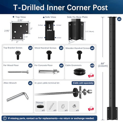 Side Mount Inner Corner Post 36" (Post Body 44"), Fixed Top Three Side Drilled Corner Post Cable Railing, Black Stainless Steel T304 Fascia Mount Metal Post with Inner Terminal & Cable Grommet - style: 1x Inner Corner