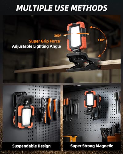 Rechargeable Work Light with Clamp,Foldable Magnetic Work Light,360° Rotate - color: Orange
