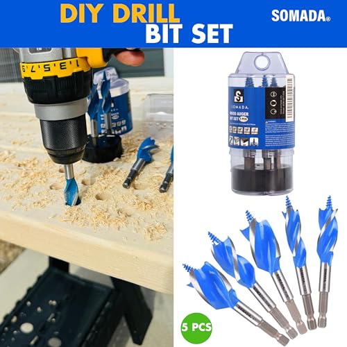 SOMADA Auger Drill Bit Set for Wood, 5-Piece, Hex Shank Quick Change - size: 5 PCS SET
