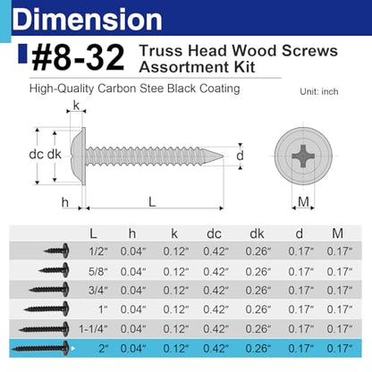 100PCS #8 x 2 Black Wood Screws, Truss Head, Self-Tapping - color: Black, size: 100PCS #8×2"