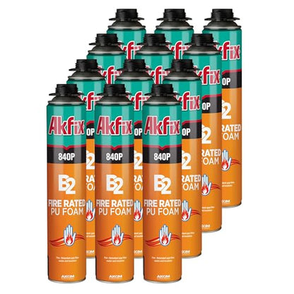 Akfix 840P Fire Block Spray Foam (12x25.3 Oz.) - Orange Color Fire Retardant Polyurethane Expanding Foam Sealing on Window and Door, Paintable | Gun Use, Gun&Cleaner NOT Included | 25.3 Oz. 12 Pack