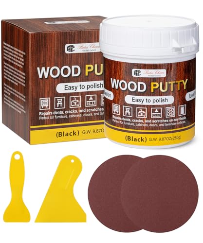 Bates- Wood Filler Putty Repair Kit, 9.87 Ounce, 2 Scrapers, 2 Sandpapers, Black Wood Putty Filler Paintable & Stainable for Cracks, Holes and Defects in Wooden Furniture - color: Black