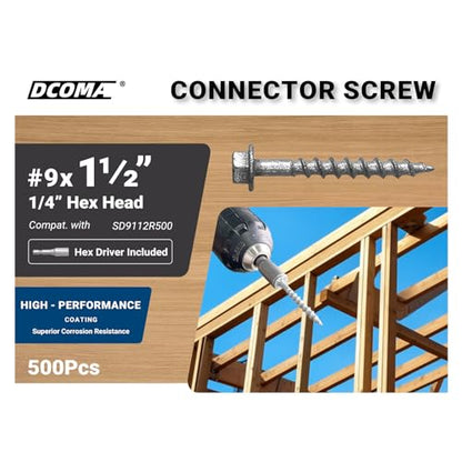 Connector Screws, #9 x 1-1/2" Heavy-Duty Joist Hanger Screws, 1/4" Hex Head with 0.370"-Dia, Replace 9112R500 10D Nails, Prem-Galvanized, Corrosion-Resistant and Wear-Resistant. (500-Qty)