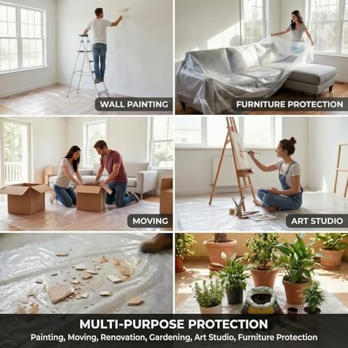 18 Pack Plastic Drop Cloths for Painting, 9 x 12 FT Clear Painters Plastic Sheeting, Disposable Drop Cloth for Floor, Furniture, Couch & Carpet Protection - color: 18 - Pack