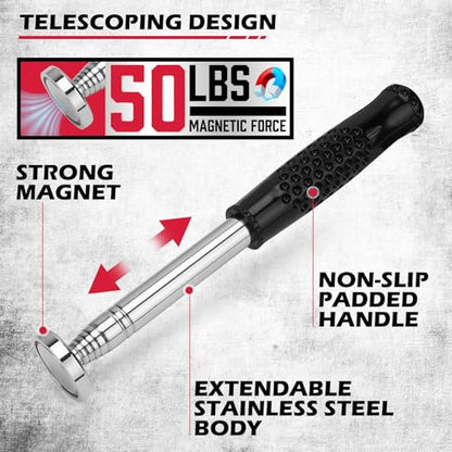 3 Pack Telescoping Magnetic Pickup Tool with Parts Tray, Magnet Stick Extendable up to 41in, Non-Slip Extendable Magnet Pickup Tool with 50lb Pull Force for Nail, Screws & Metal Debris Workshop Garage - style: 50LB Stick with Dual 4" Trays