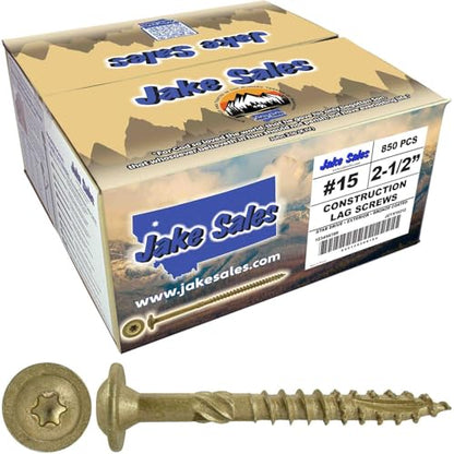 Jake Sales #15 x 2-1/2" Construction Lag Screw - Torx/Star Drive Heavy Duty Structural Lag Screw - ACQ Compatible - Modified Truss Washer Head. 1 x Full Box - 850 Screws - color: BRONZE, size: 15x2-1/2"
