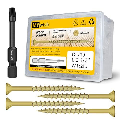 152Pcs Wood Screws #10 x 2-1/2" 2lb Box, Deck Screws 2 1/2 Inch, T25 Torx Drive Head, Outdoor Construction Screws, Rust Resistant, Epoxy Coated for Exterior Wood Working, Tan by Mywish - size: 2lb Box, style: #10 x 2-1/2"